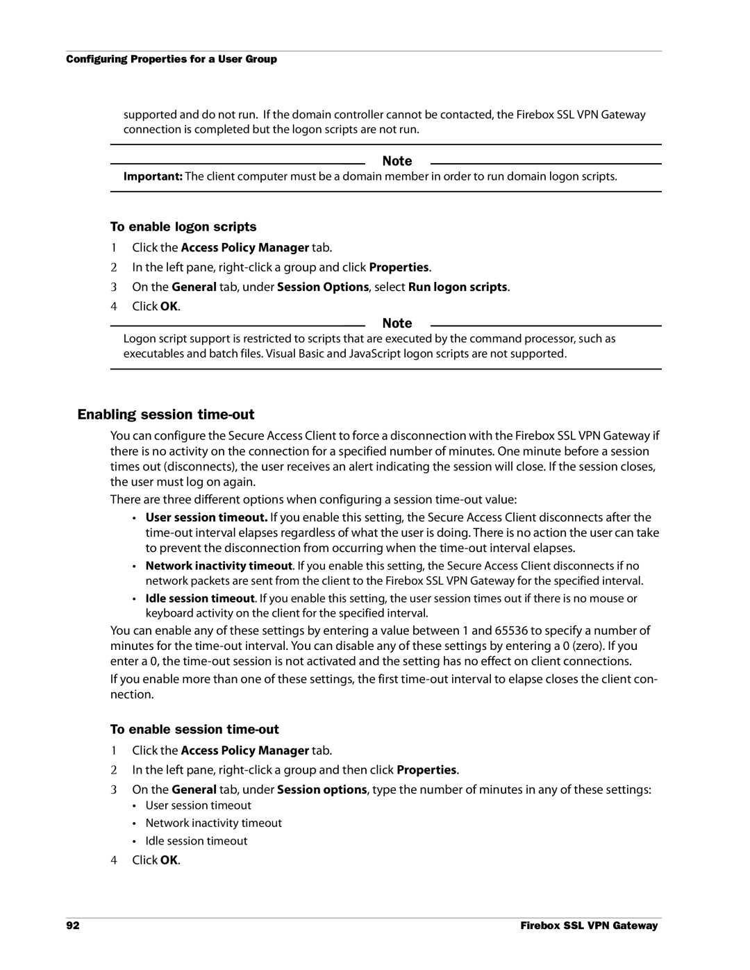 WatchGuard Technologies SSL VPN manual Enabling session time-out, To enable logon scripts, To enable session time-out 