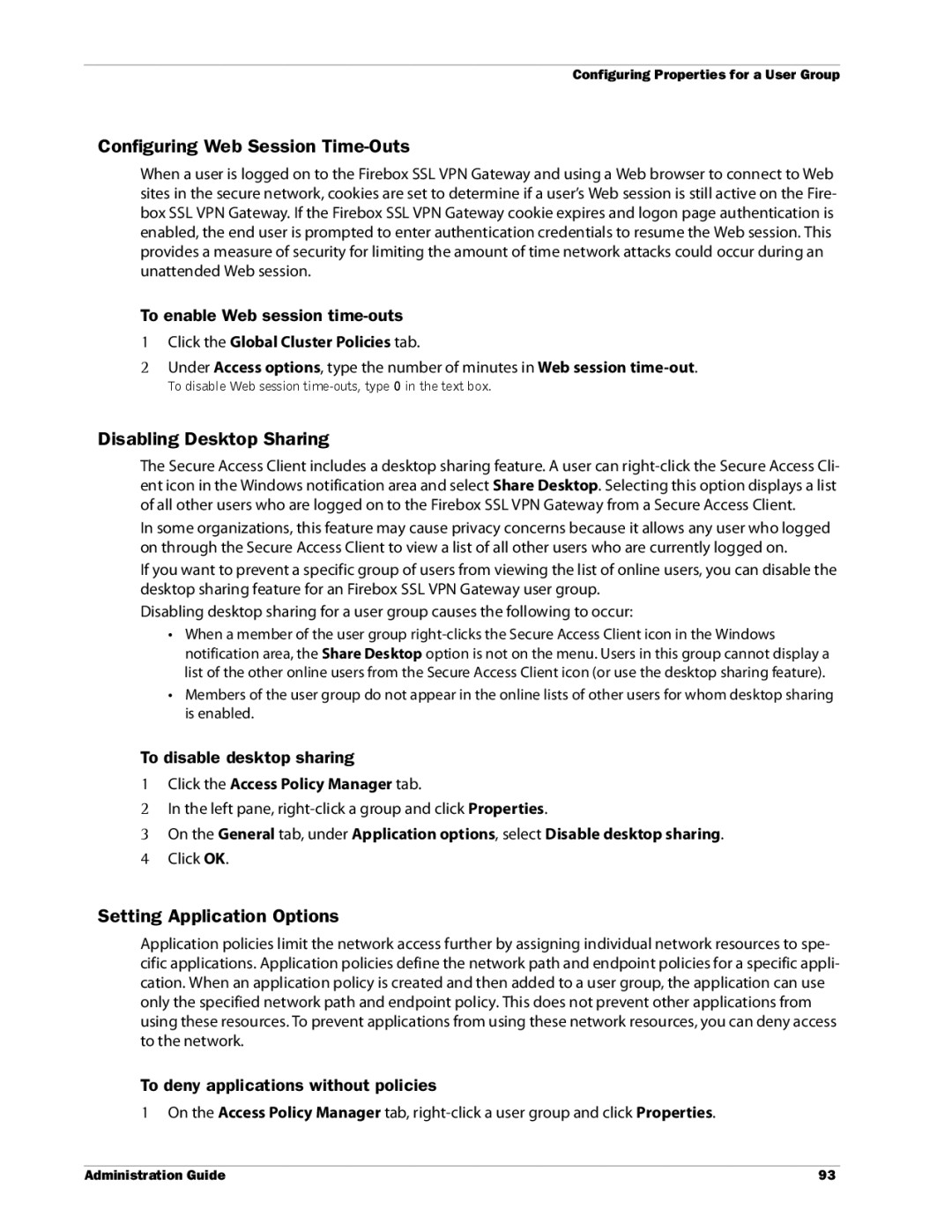 WatchGuard Technologies SSL VPN Configuring Web Session Time-Outs, Disabling Desktop Sharing, Setting Application Options 