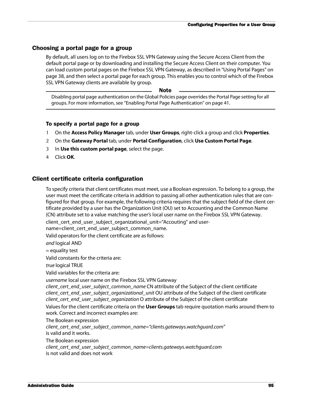 WatchGuard Technologies SSL VPN manual Choosing a portal page for a group, Client certificate criteria configuration 