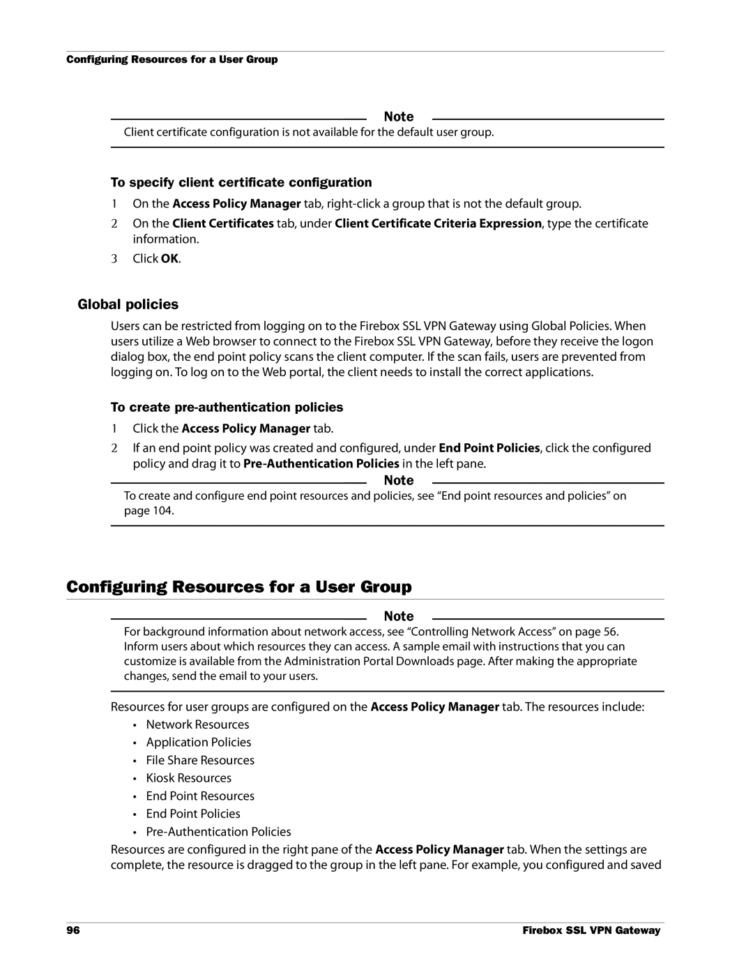 WatchGuard Technologies SSL VPN manual Configuring Resources for a User Group, Global policies 