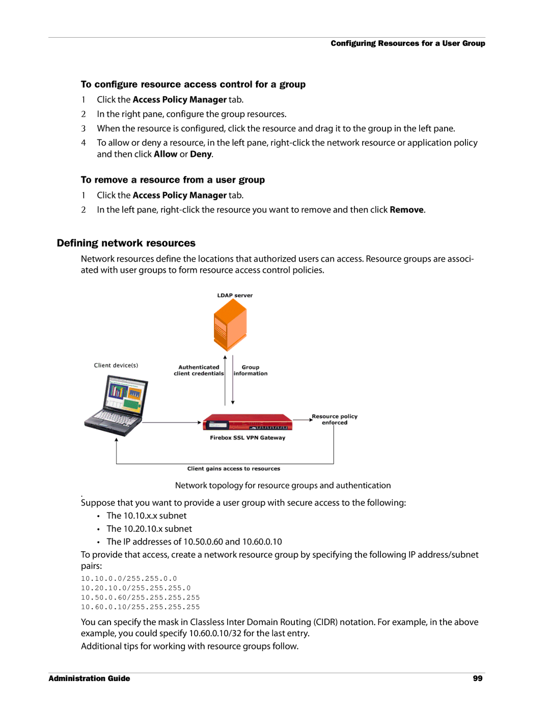 WatchGuard Technologies SSL VPN manual Defining network resources, To configure resource access control for a group 