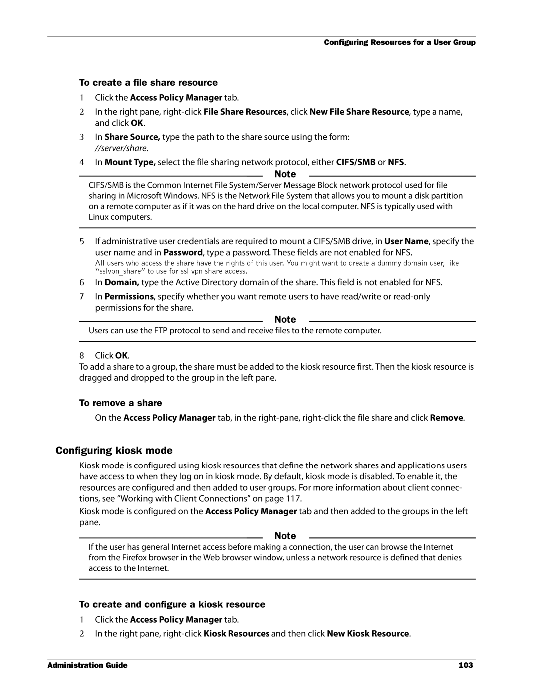 WatchGuard Technologies SSL VPN manual Configuring kiosk mode, To create a file share resource, To remove a share 