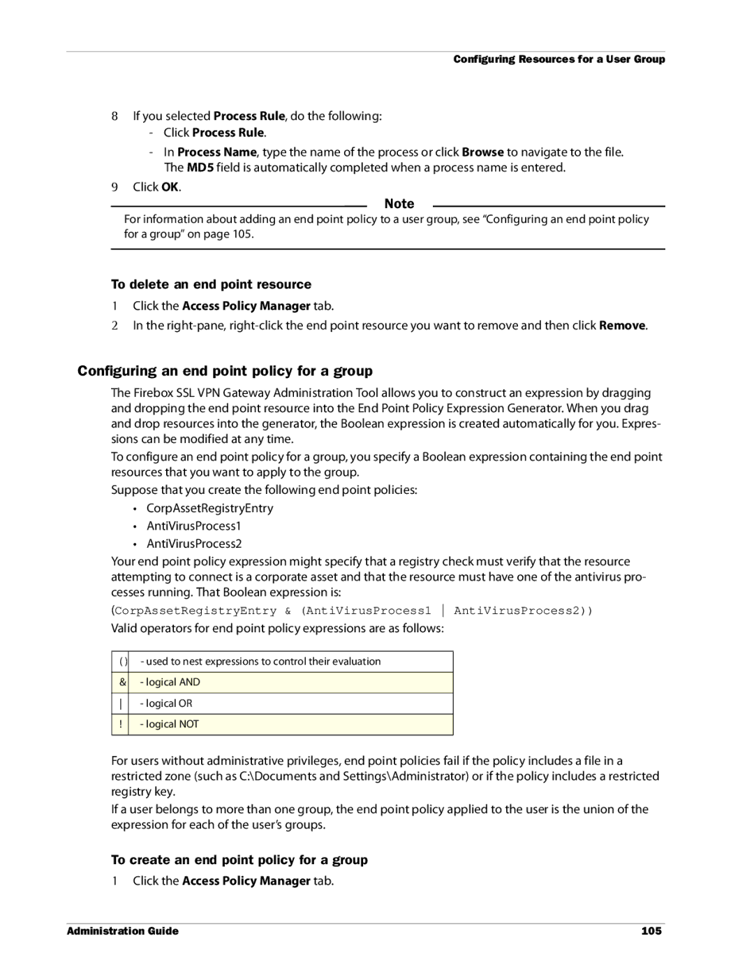 WatchGuard Technologies SSL VPN manual Configuring an end point policy for a group, To delete an end point resource 