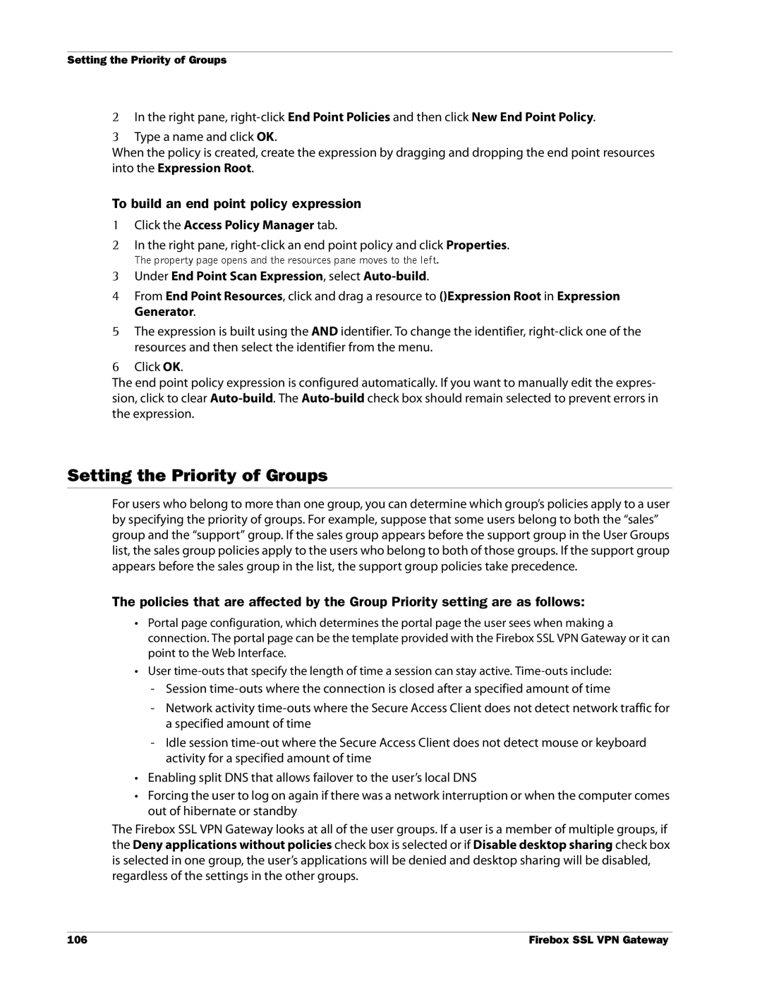WatchGuard Technologies SSL VPN manual Setting the Priority of Groups, To build an end point policy expression 