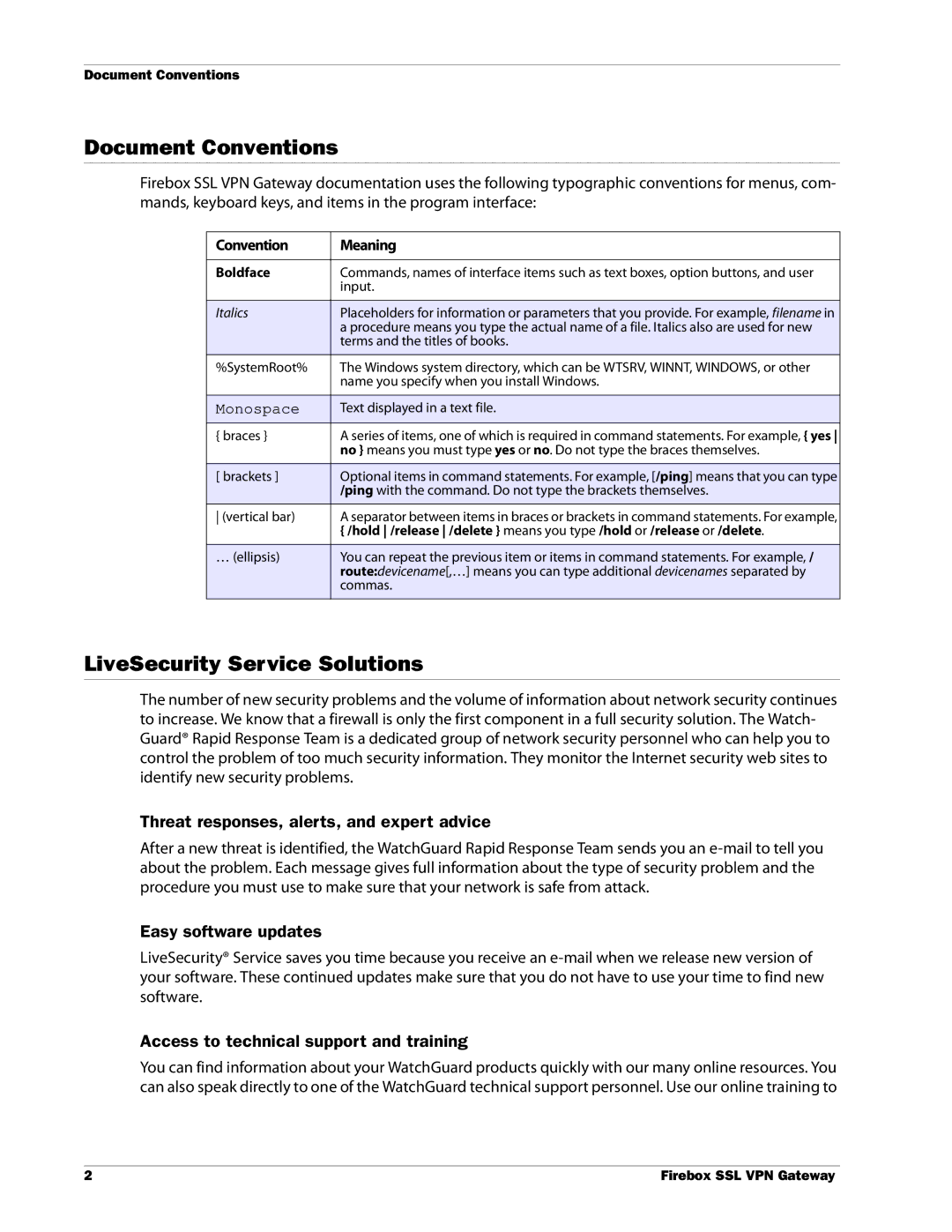WatchGuard Technologies SSL VPN manual Document Conventions, LiveSecurity Service Solutions, Easy software updates 