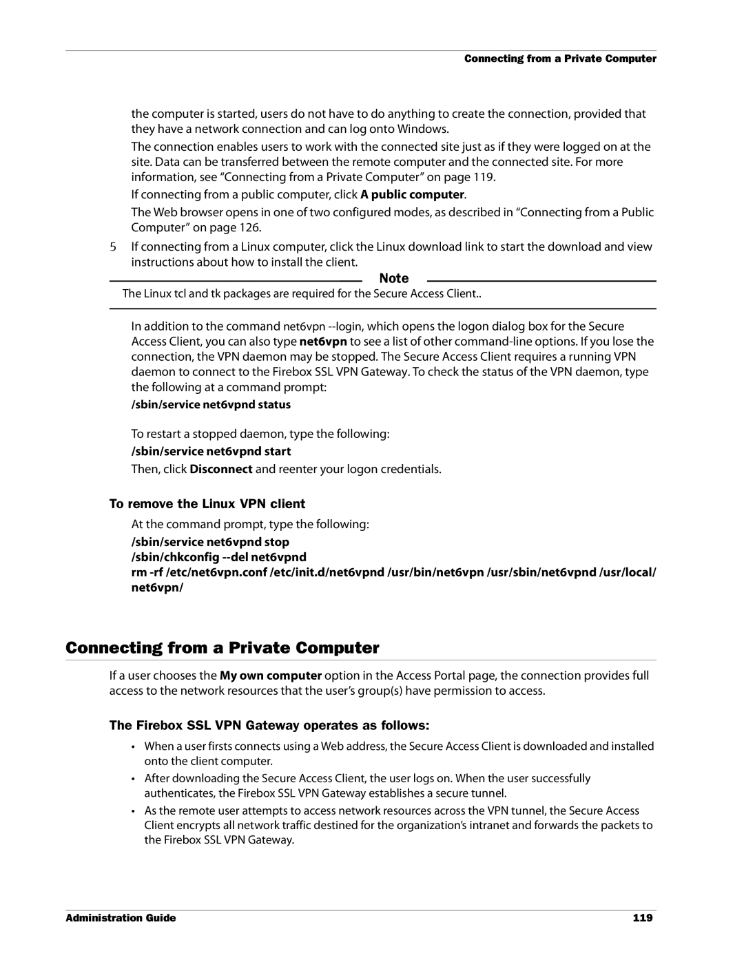 WatchGuard Technologies SSL VPN manual Connecting from a Private Computer, To remove the Linux VPN client 