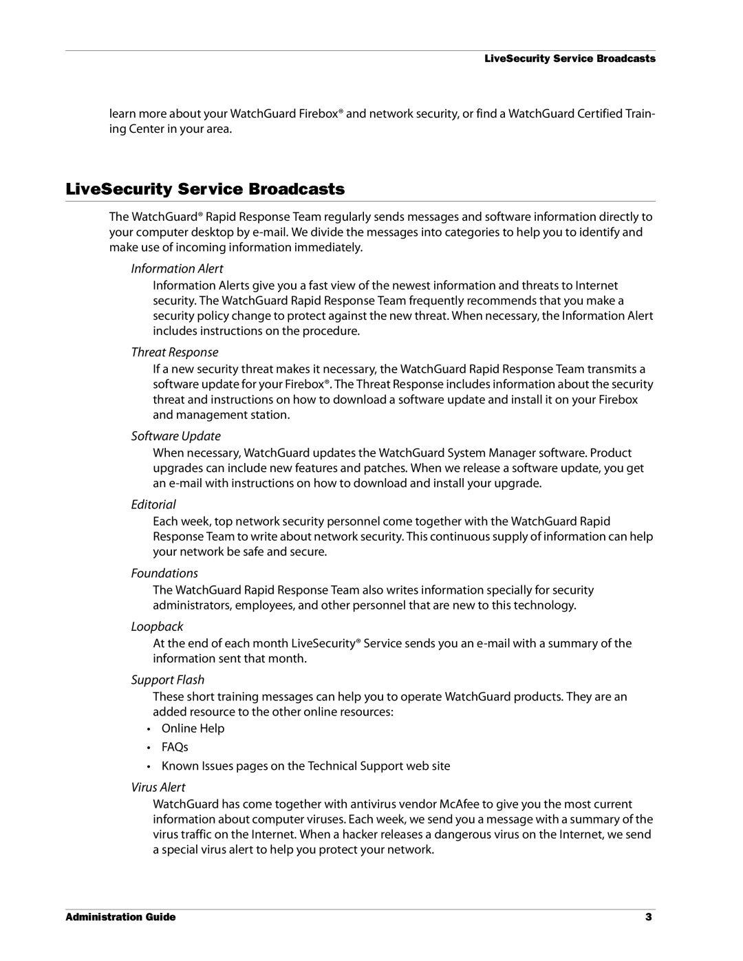WatchGuard Technologies SSL VPN manual LiveSecurity Service Broadcasts, Information Alert 