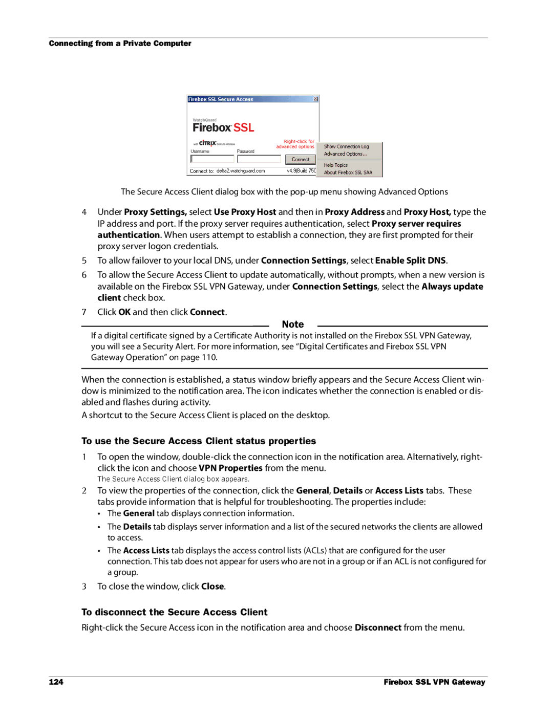 WatchGuard Technologies SSL VPN To use the Secure Access Client status properties, To disconnect the Secure Access Client 