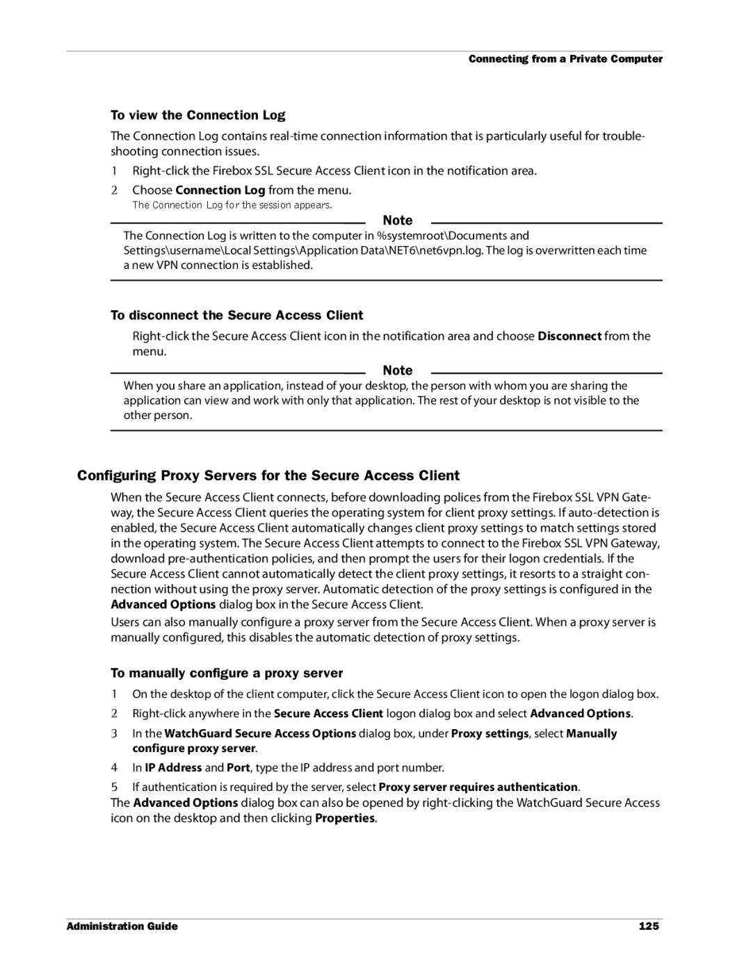 WatchGuard Technologies SSL VPN manual Configuring Proxy Servers for the Secure Access Client, To view the Connection Log 