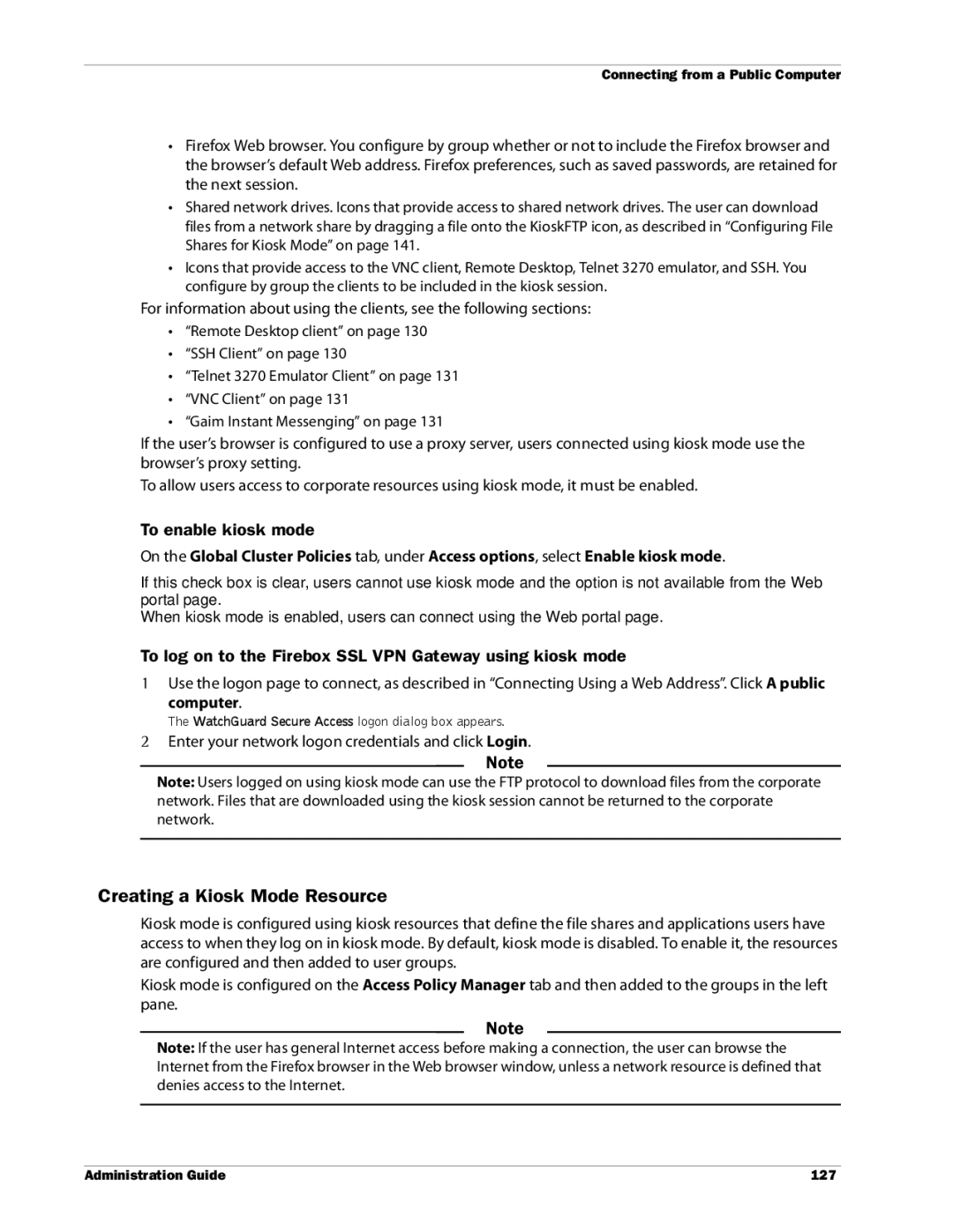 WatchGuard Technologies SSL VPN manual Creating a Kiosk Mode Resource, To enable kiosk mode, Computer 