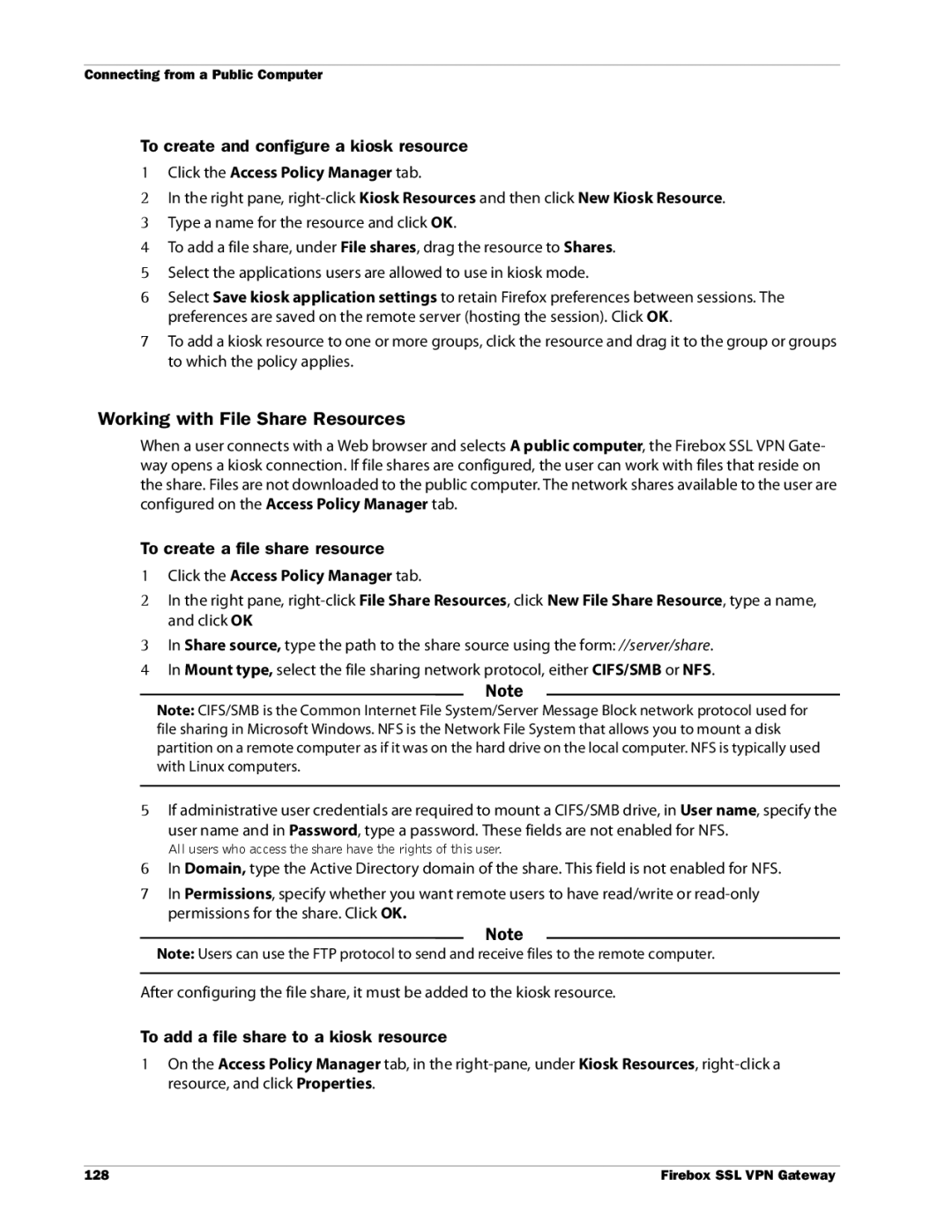 WatchGuard Technologies SSL VPN manual Working with File Share Resources, To add a file share to a kiosk resource 