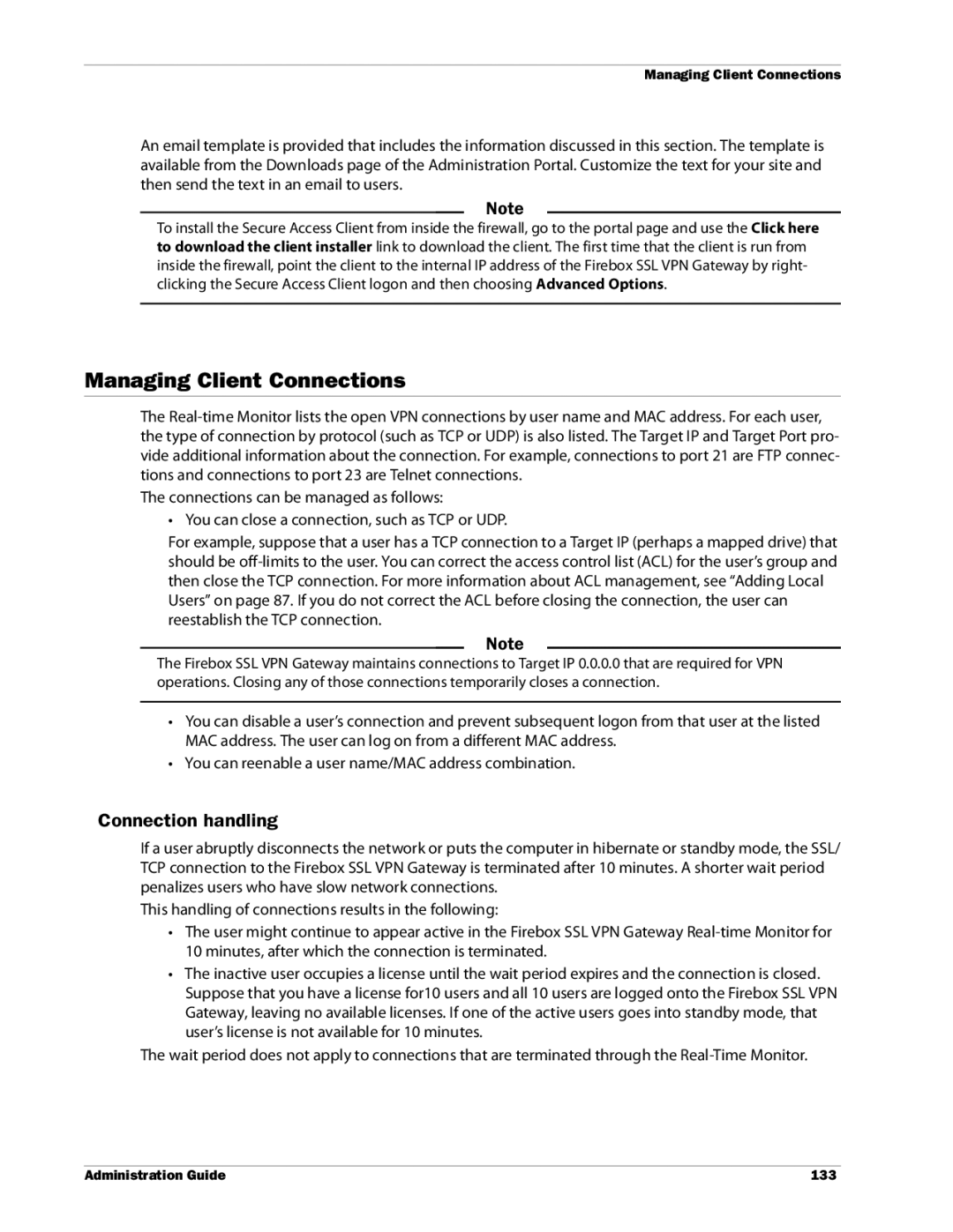 WatchGuard Technologies SSL VPN manual Managing Client Connections, Connection handling 