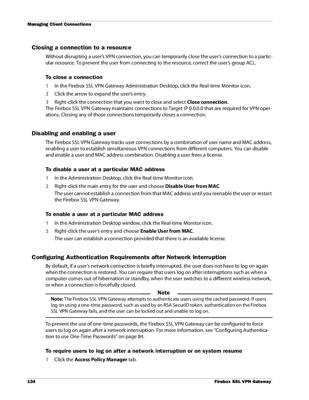 WatchGuard Technologies SSL VPN Closing a connection to a resource, Disabling and enabling a user, To close a connection 