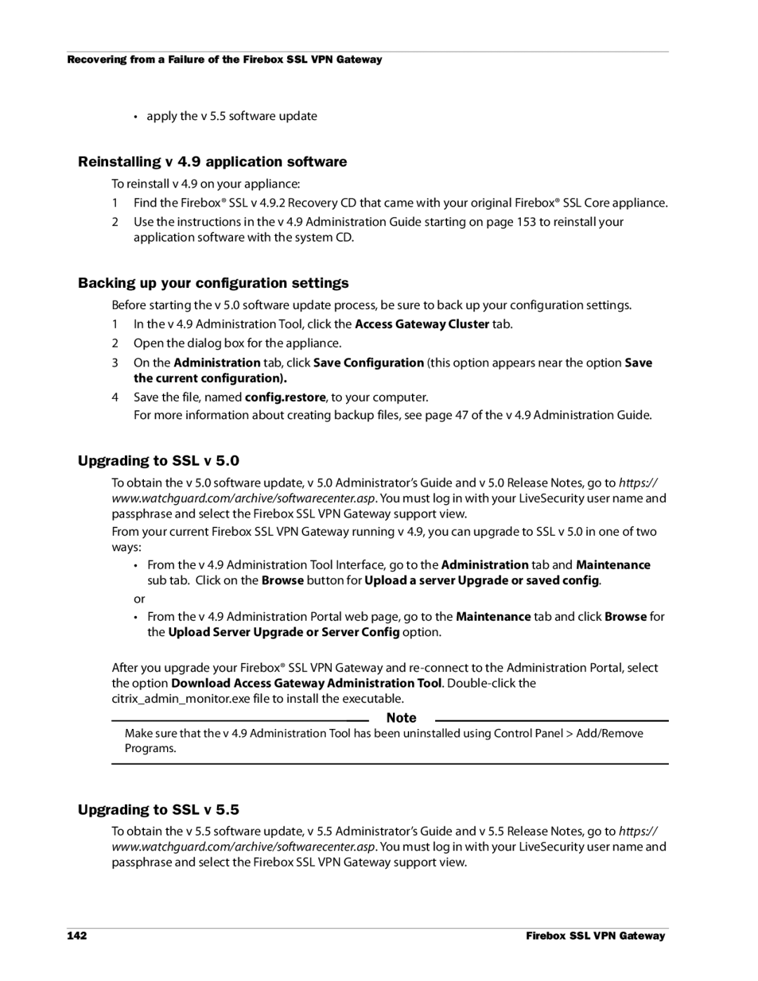 WatchGuard Technologies SSL VPN manual Reinstalling v 4.9 application software, Backing up your configuration settings 