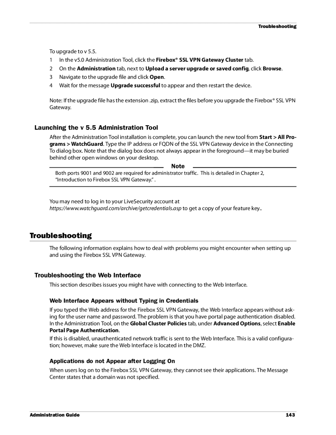 WatchGuard Technologies SSL VPN manual Troubleshooting, Launching the v 5.5 Administration Tool 