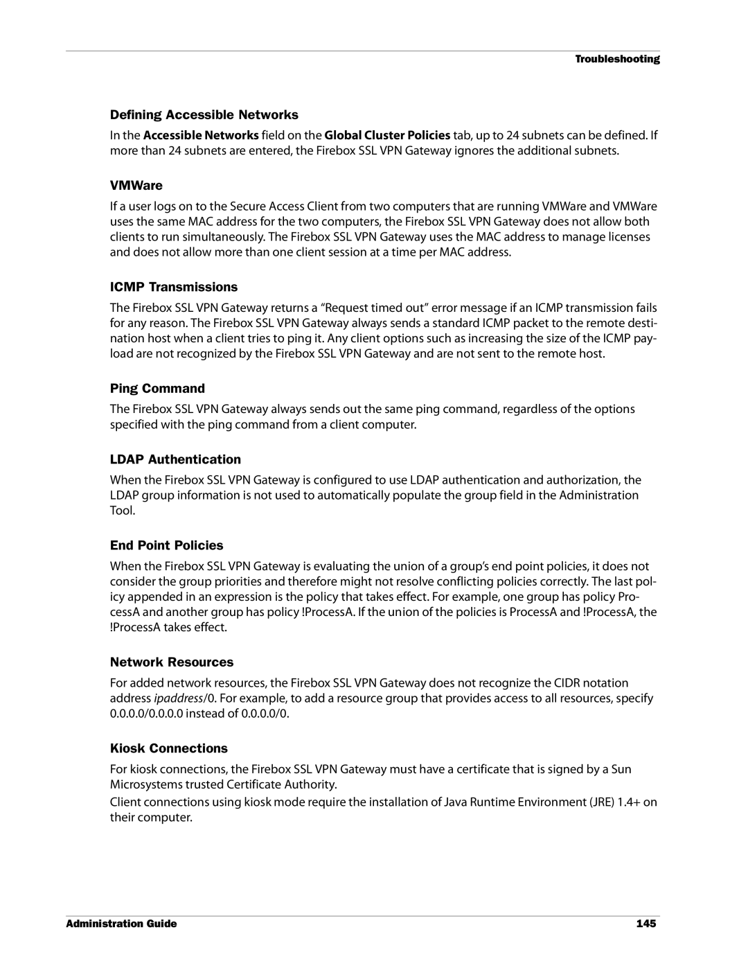 WatchGuard Technologies SSL VPN Defining Accessible Networks, VMWare, Icmp Transmissions, Ping Command, End Point Policies 