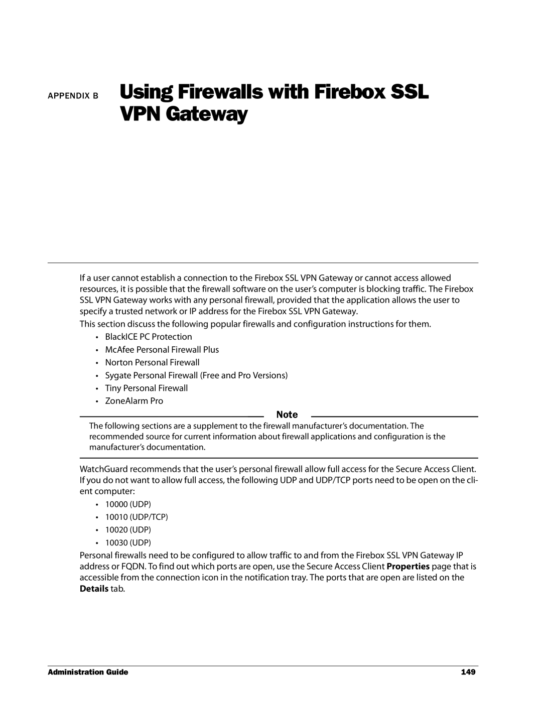 WatchGuard Technologies manual Appendix B Using Firewalls with Firebox SSL VPN Gateway 