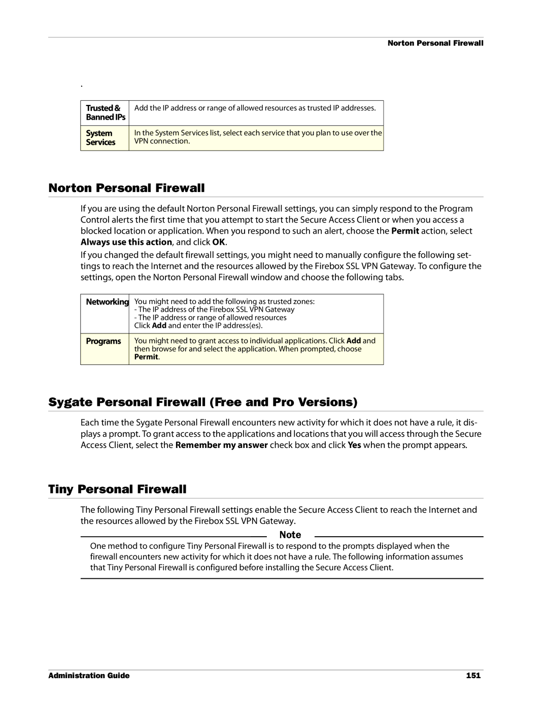 WatchGuard Technologies SSL VPN manual Norton Personal Firewall, Sygate Personal Firewall Free and Pro Versions 