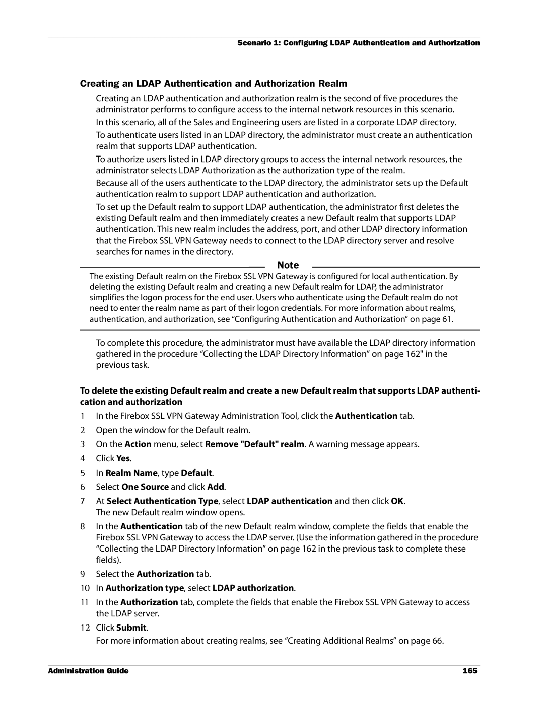 WatchGuard Technologies SSL VPN manual Creating an Ldap Authentication and Authorization Realm, Realm Name, type Default 