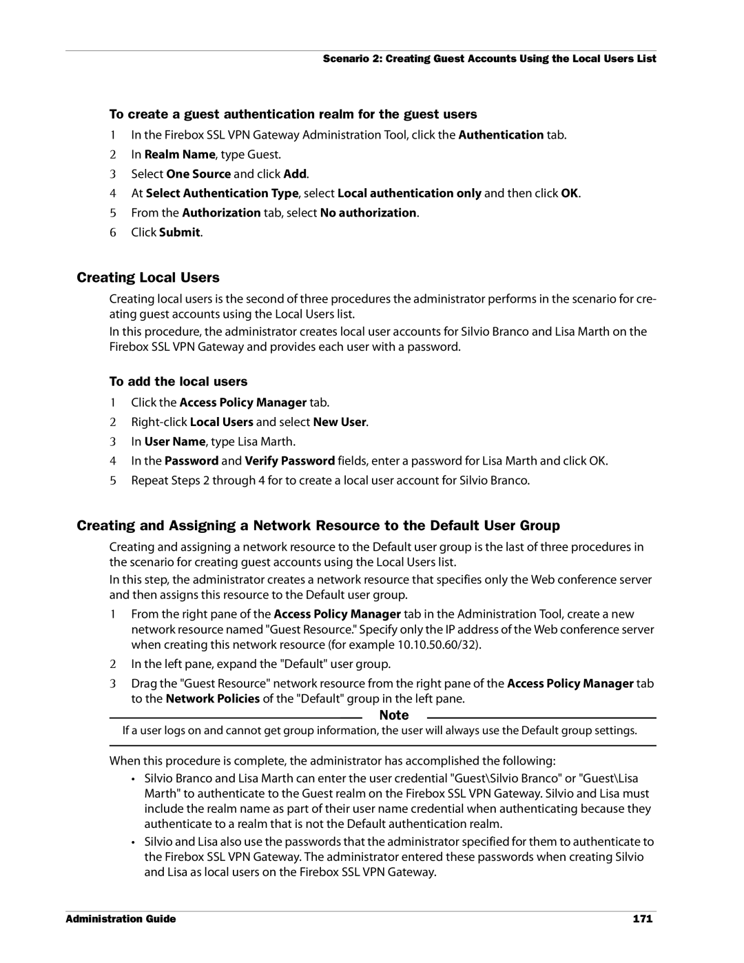 WatchGuard Technologies SSL VPN manual Creating Local Users, To create a guest authentication realm for the guest users 