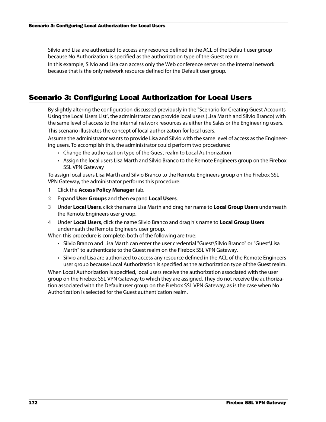 WatchGuard Technologies SSL VPN manual Scenario 3 Configuring Local Authorization for Local Users 