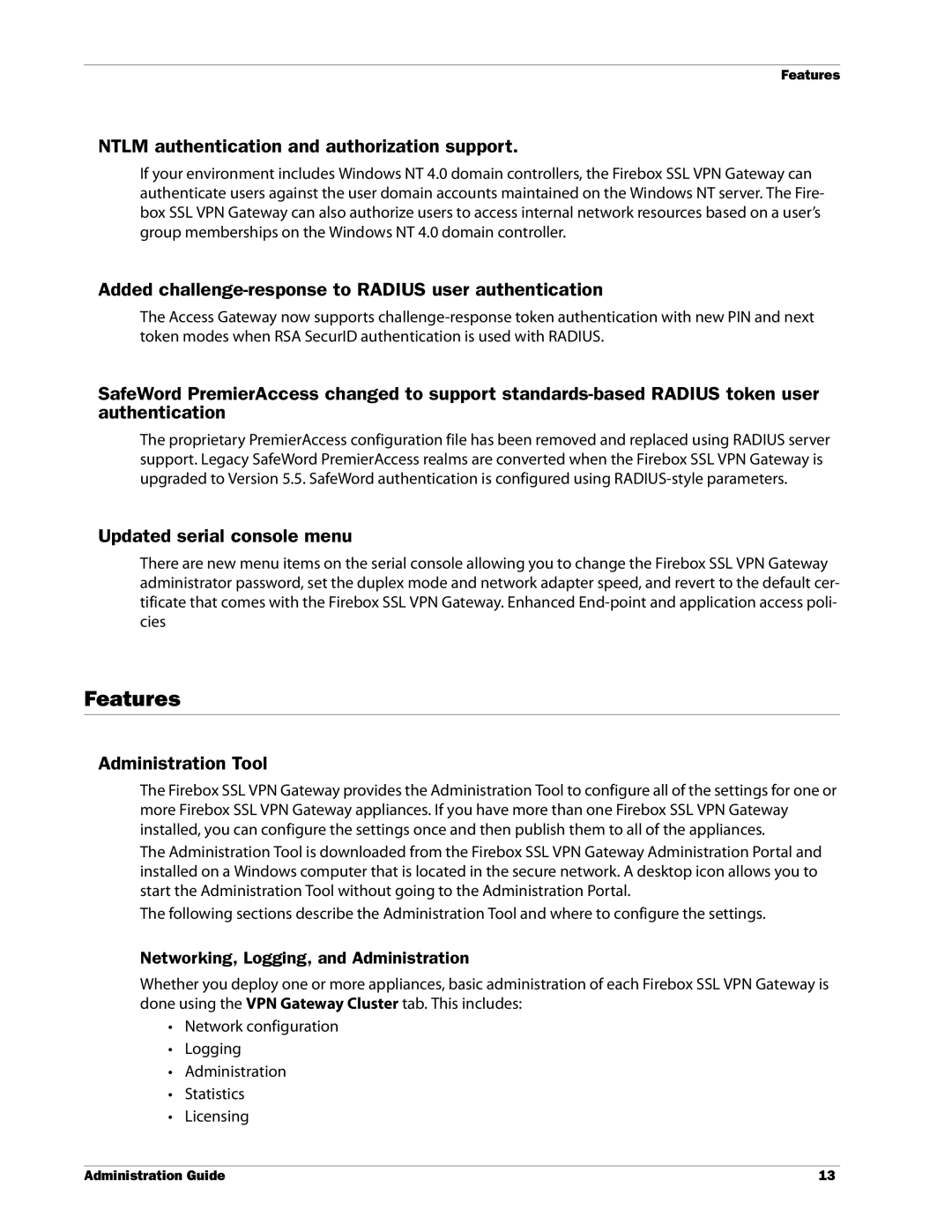 WatchGuard Technologies SSL VPN manual Features, Ntlm authentication and authorization support, Updated serial console menu 