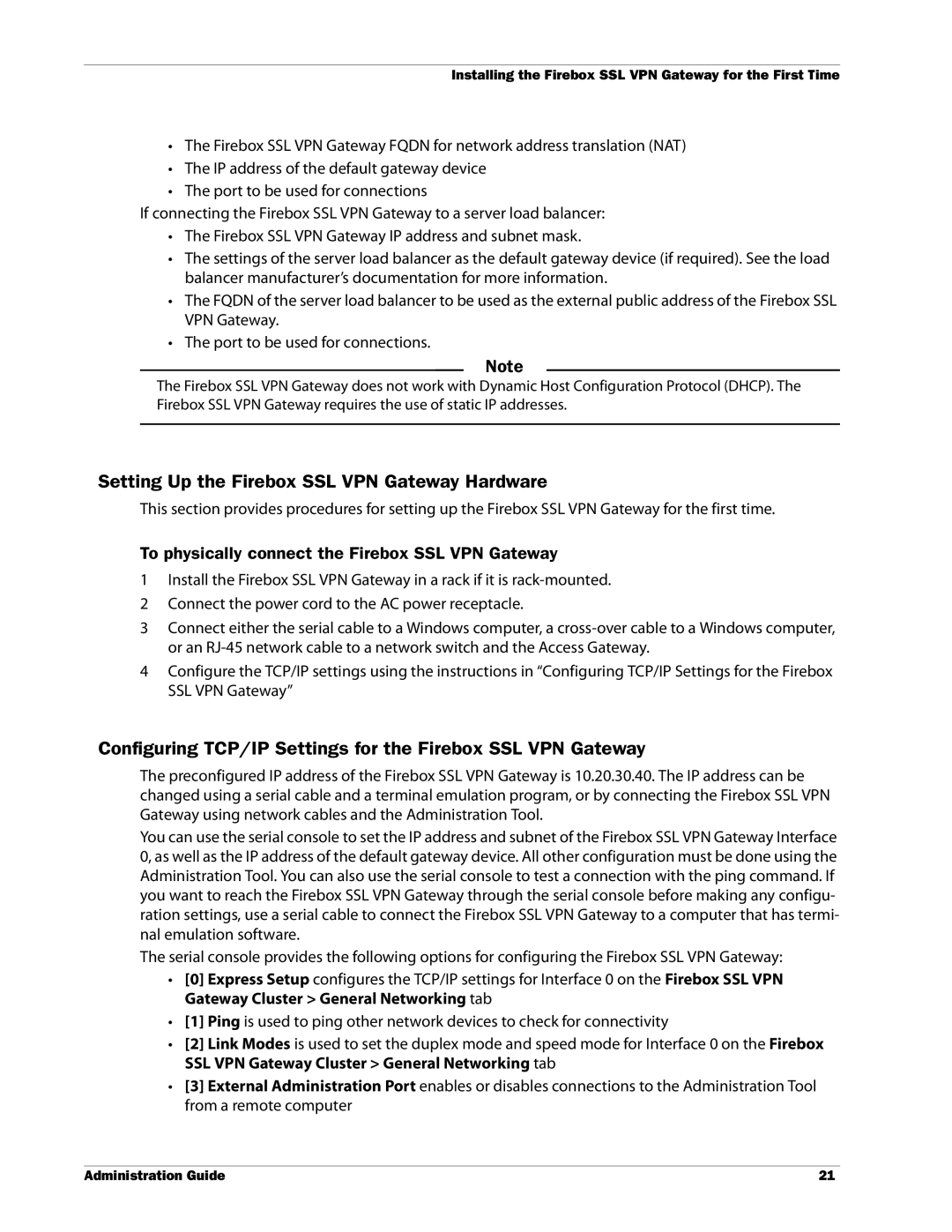 WatchGuard Technologies manual Setting Up the Firebox SSL VPN Gateway Hardware 