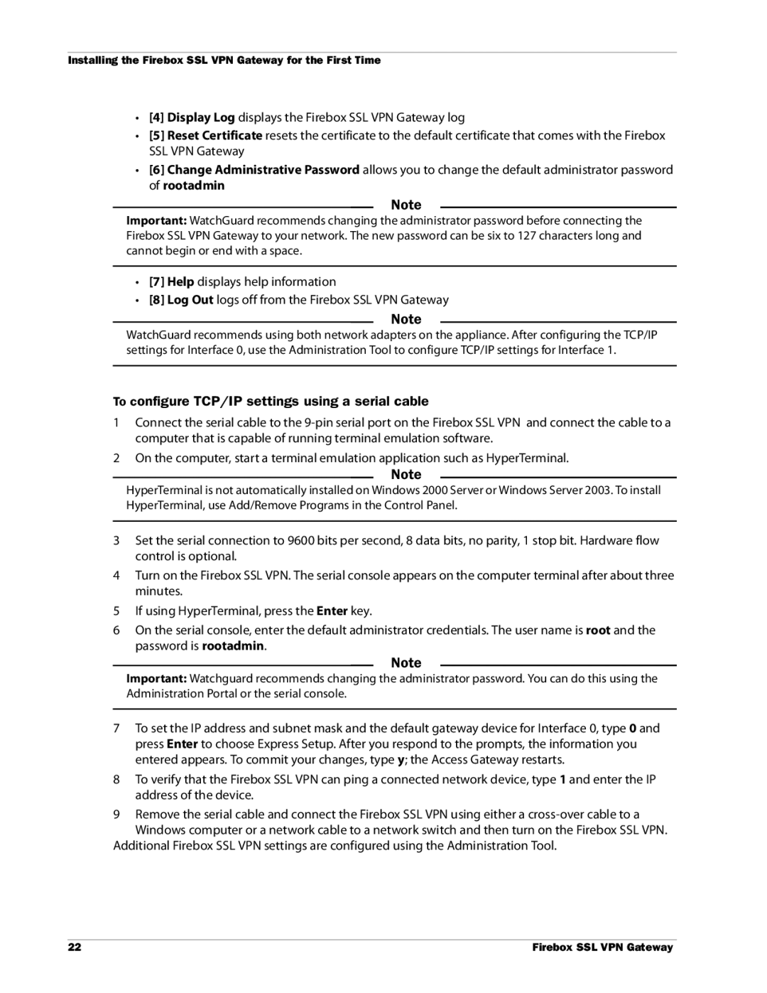 WatchGuard Technologies SSL VPN manual To configure TCP/IP settings using a serial cable 