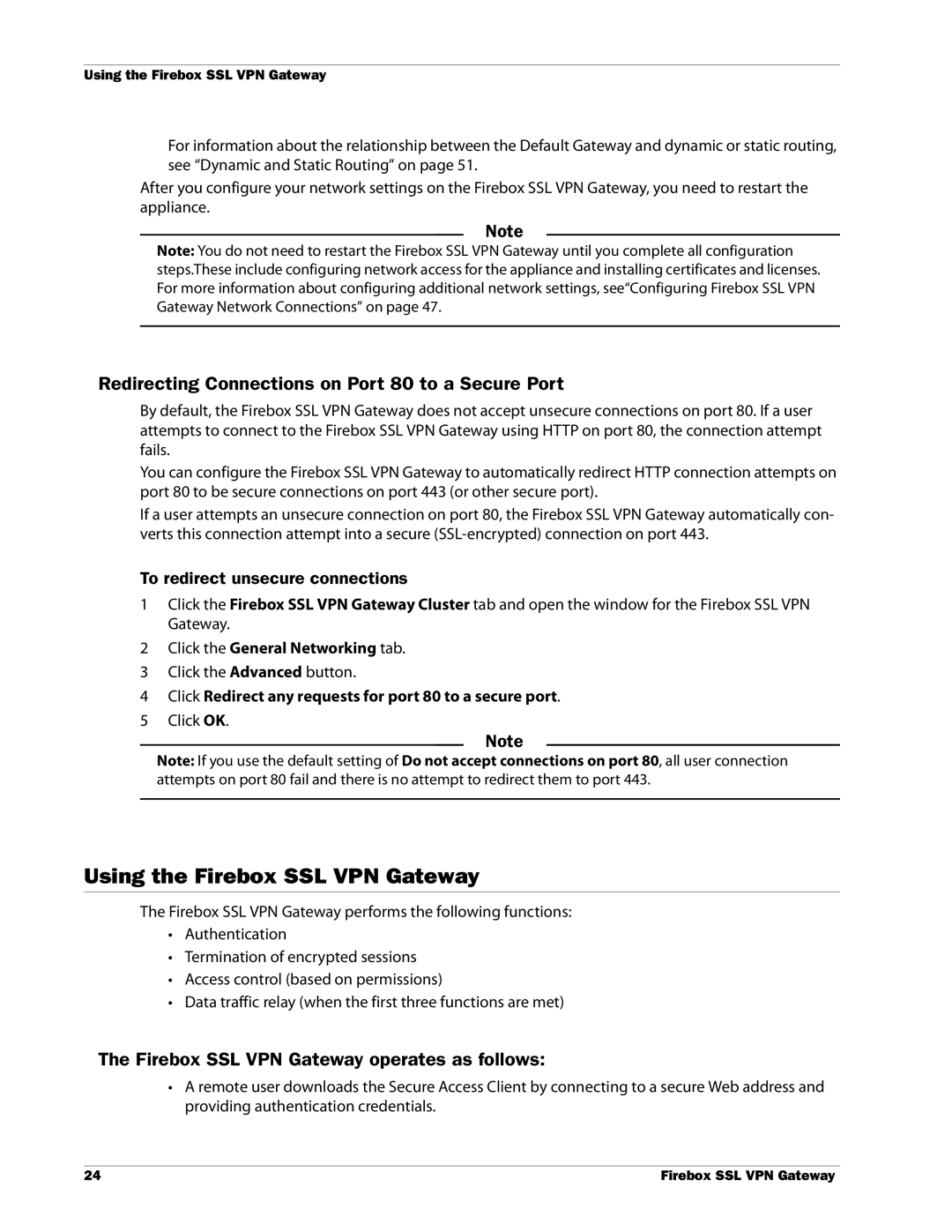 WatchGuard Technologies manual Using the Firebox SSL VPN Gateway, Redirecting Connections on Port 80 to a Secure Port 