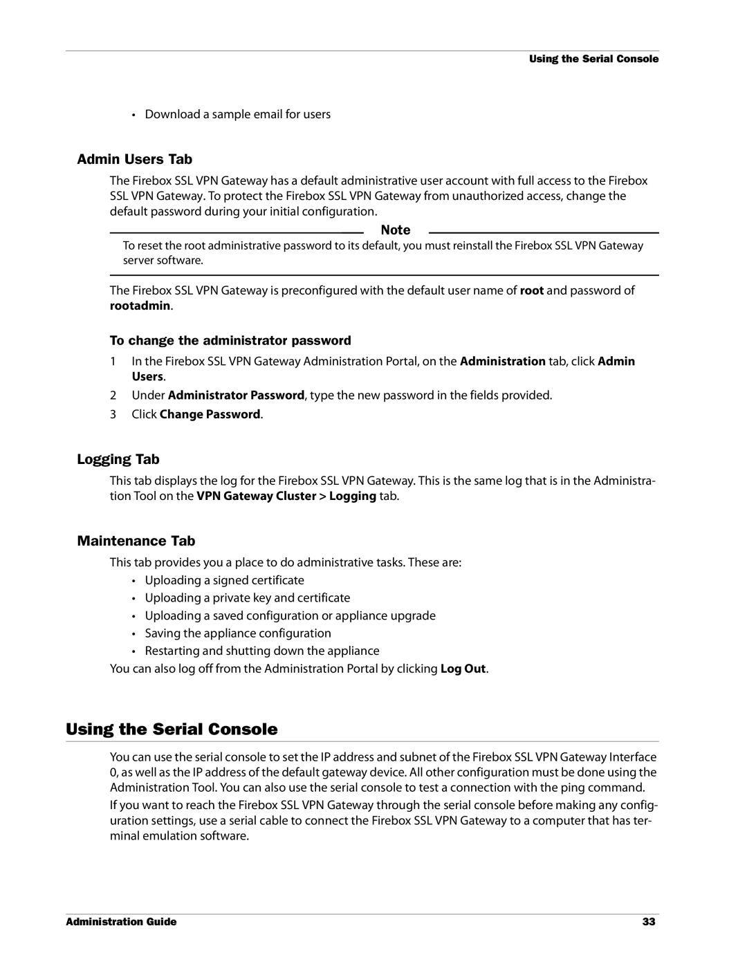 WatchGuard Technologies SSL VPN manual Using the Serial Console, Admin Users Tab, Logging Tab, Maintenance Tab 