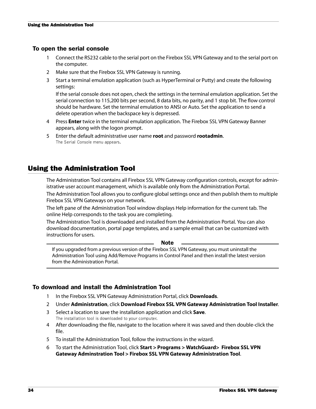 WatchGuard Technologies SSL VPN manual Using the Administration Tool, To open the serial console 