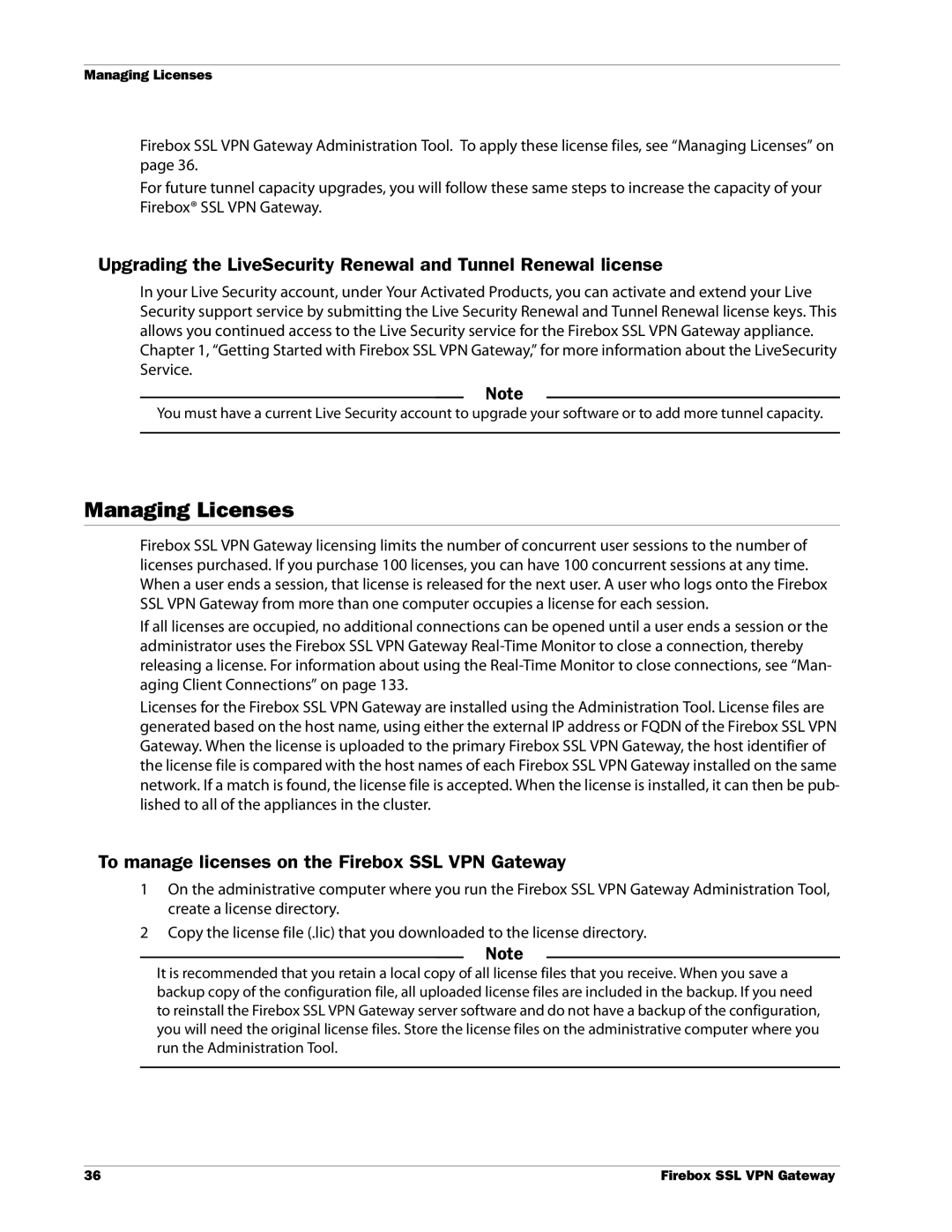 WatchGuard Technologies manual Managing Licenses, To manage licenses on the Firebox SSL VPN Gateway 