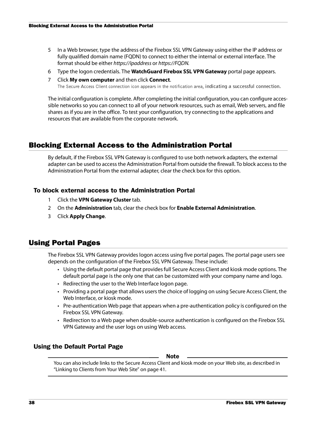 WatchGuard Technologies SSL VPN manual Blocking External Access to the Administration Portal, Using Portal Pages 