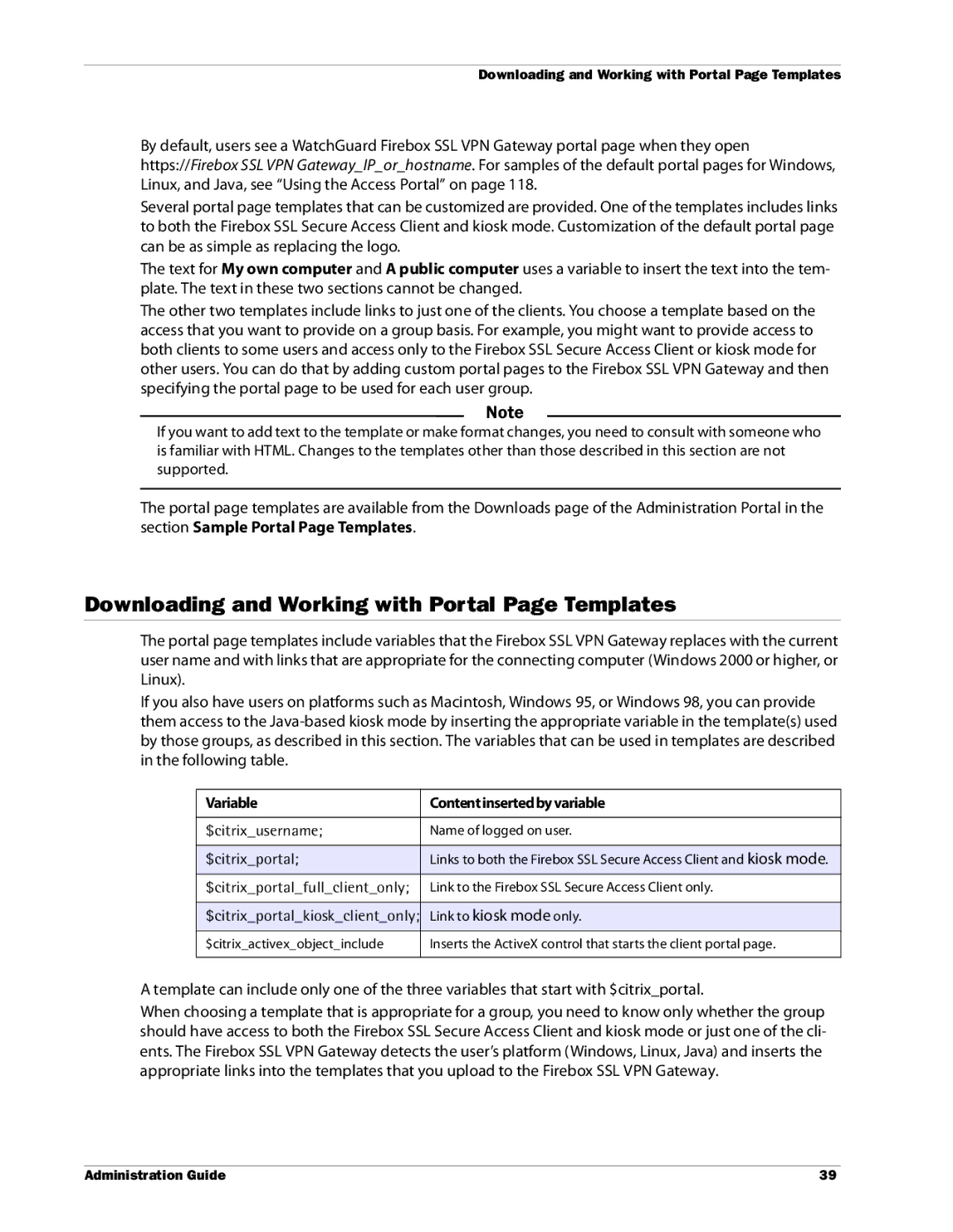 WatchGuard Technologies SSL VPN Downloading and Working with Portal Page Templates, Variable Content inserted by variable 