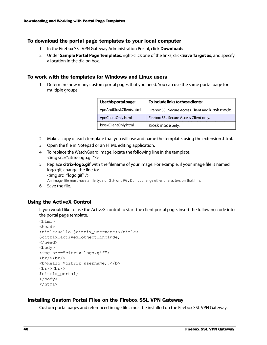 WatchGuard Technologies SSL VPN manual To work with the templates for Windows and Linux users, Using the ActiveX Control 