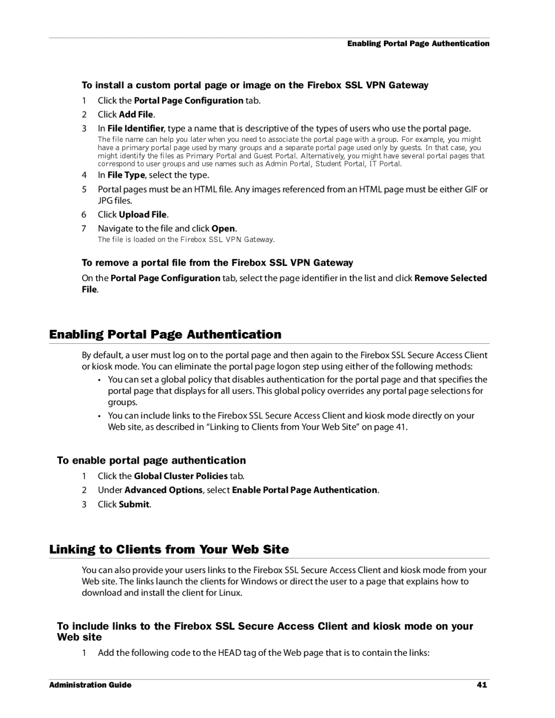 WatchGuard Technologies SSL VPN manual Enabling Portal Page Authentication, Linking to Clients from Your Web Site 