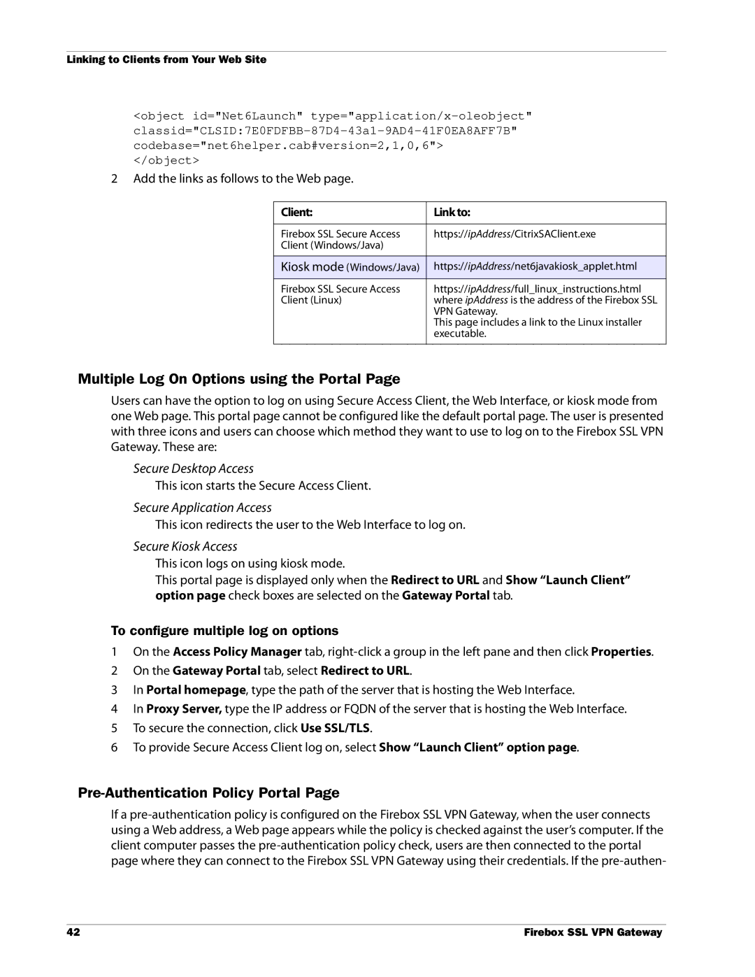 WatchGuard Technologies SSL VPN manual Multiple Log On Options using the Portal, Pre-Authentication Policy Portal 