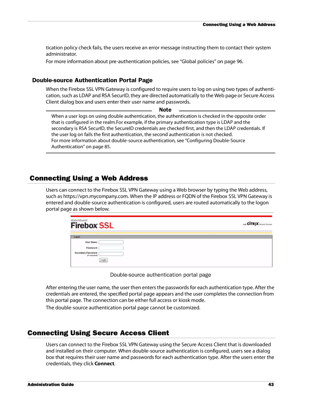 WatchGuard Technologies SSL VPN manual Connecting Using a Web Address, Connecting Using Secure Access Client 