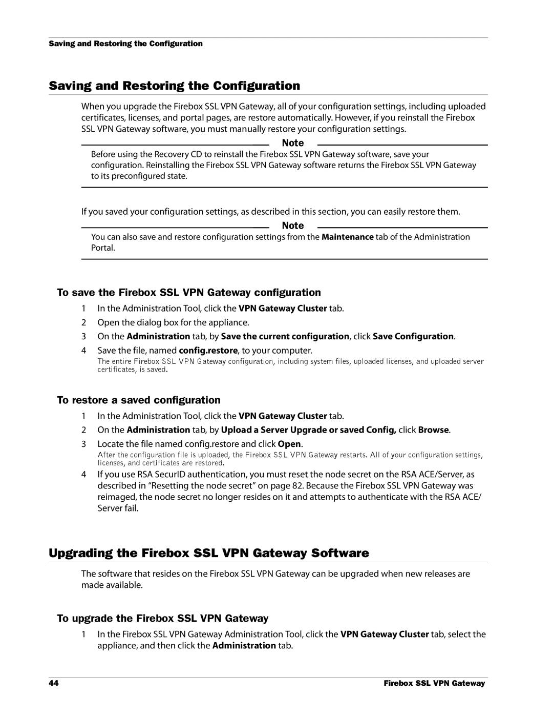 WatchGuard Technologies manual Saving and Restoring the Configuration, Upgrading the Firebox SSL VPN Gateway Software 