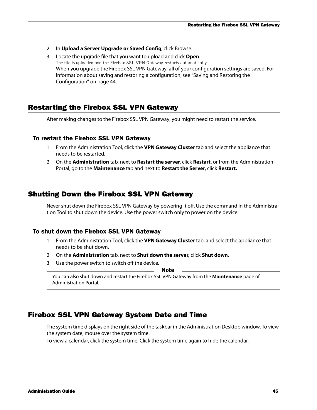 WatchGuard Technologies manual Restarting the Firebox SSL VPN Gateway, Shutting Down the Firebox SSL VPN Gateway 