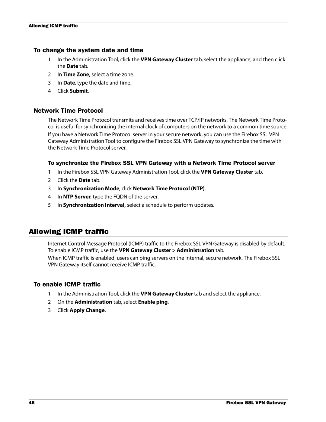 WatchGuard Technologies SSL VPN manual Allowing Icmp traffic, To change the system date and time, Network Time Protocol 