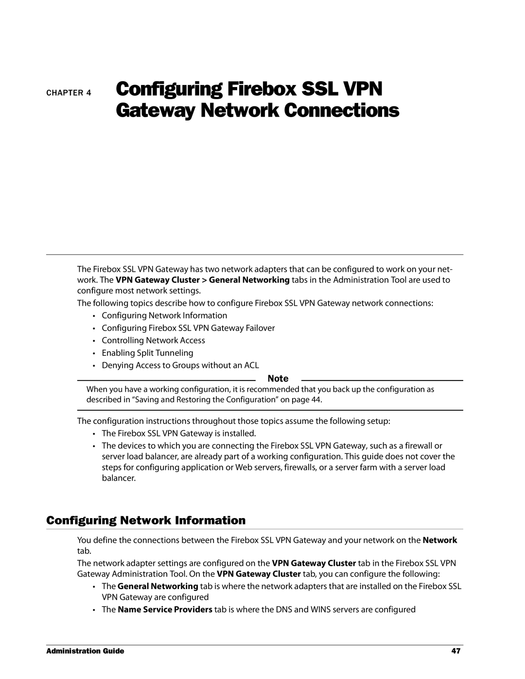 WatchGuard Technologies manual Configuring Firebox SSL VPN Gateway Network Connections, Configuring Network Information 