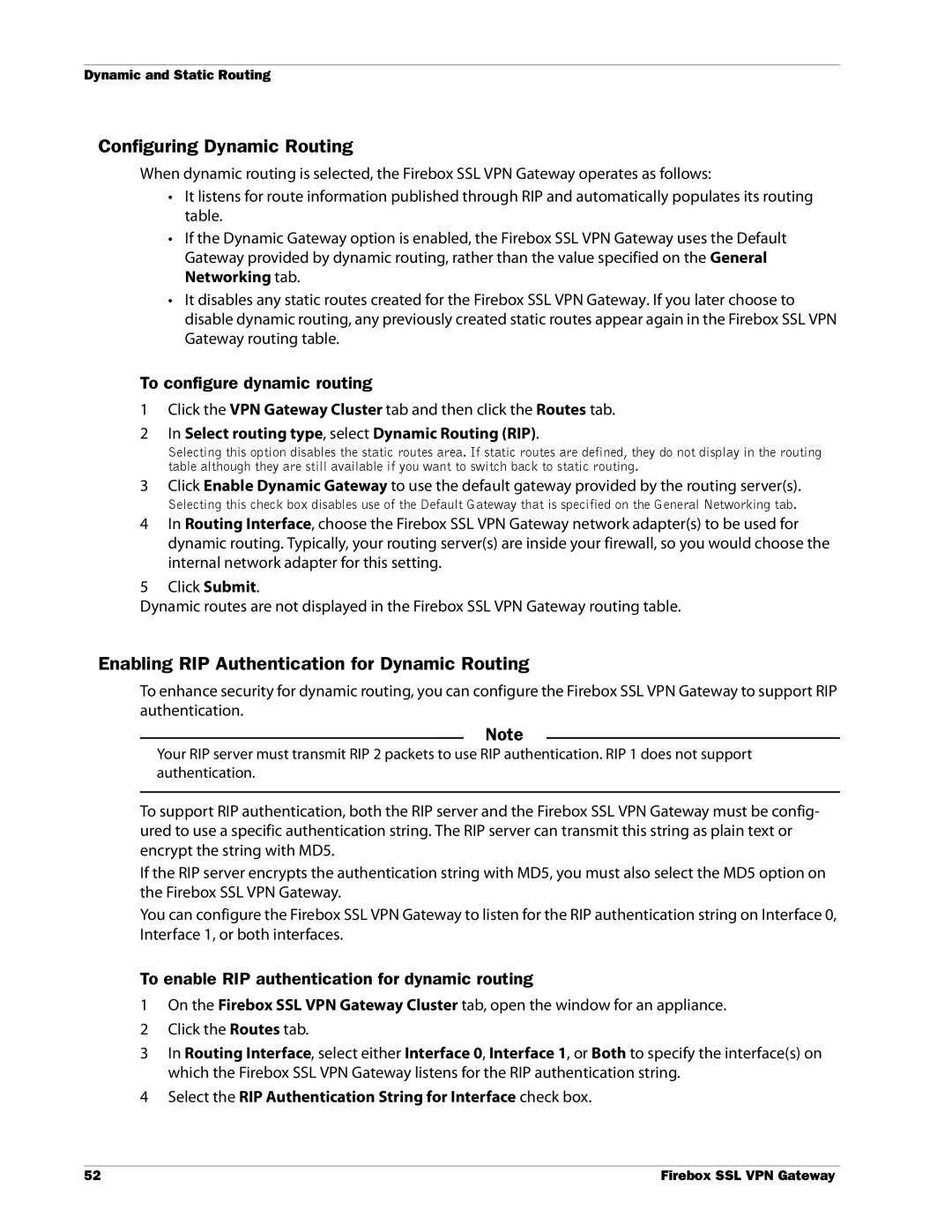 WatchGuard Technologies SSL VPN manual Configuring Dynamic Routing, Enabling RIP Authentication for Dynamic Routing 