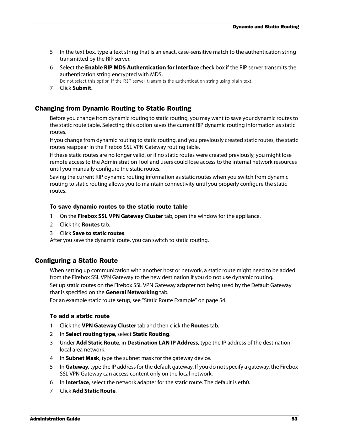 WatchGuard Technologies SSL VPN manual Changing from Dynamic Routing to Static Routing, Configuring a Static Route 