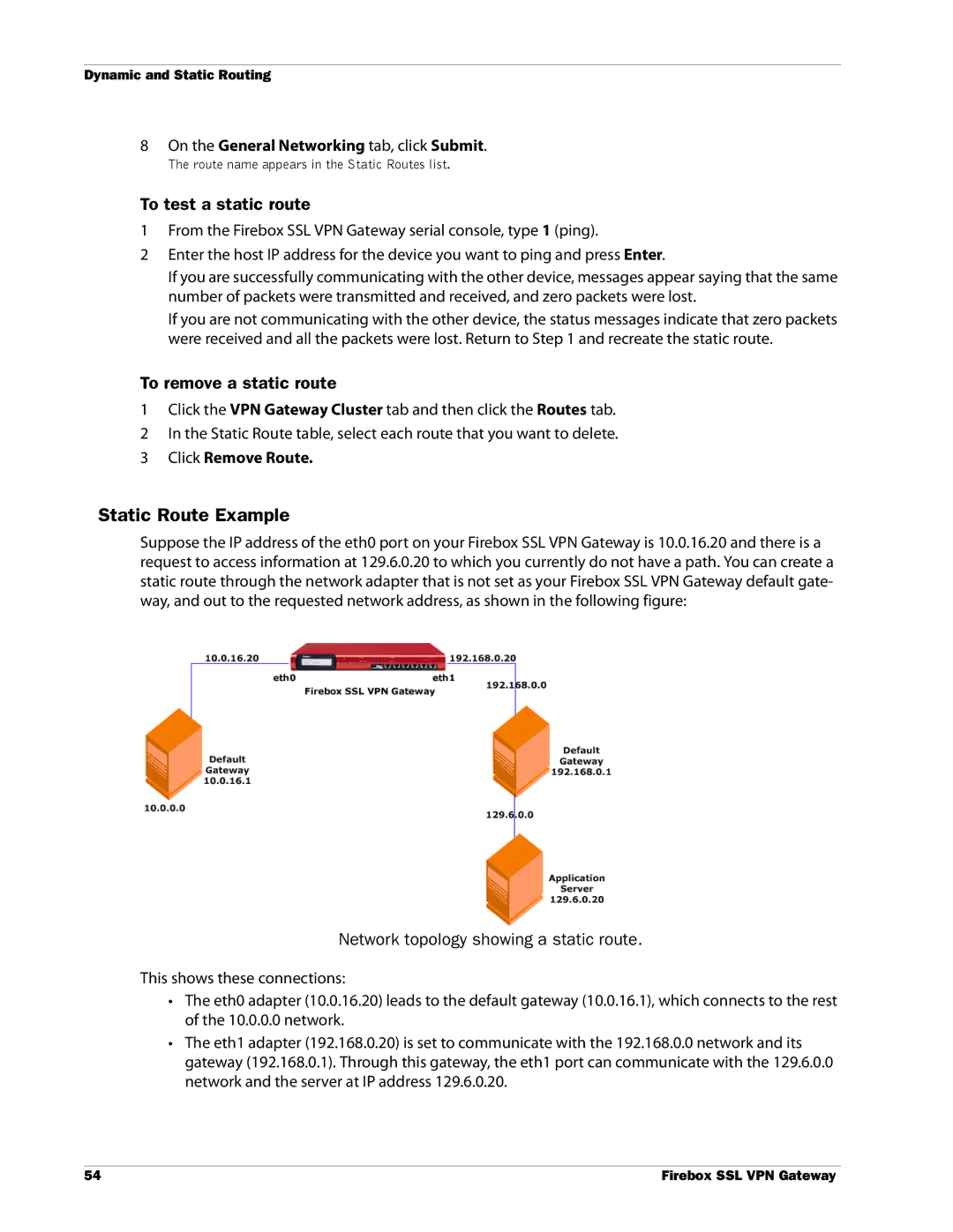 WatchGuard Technologies SSL VPN manual Static Route Example, To test a static route, To remove a static route 