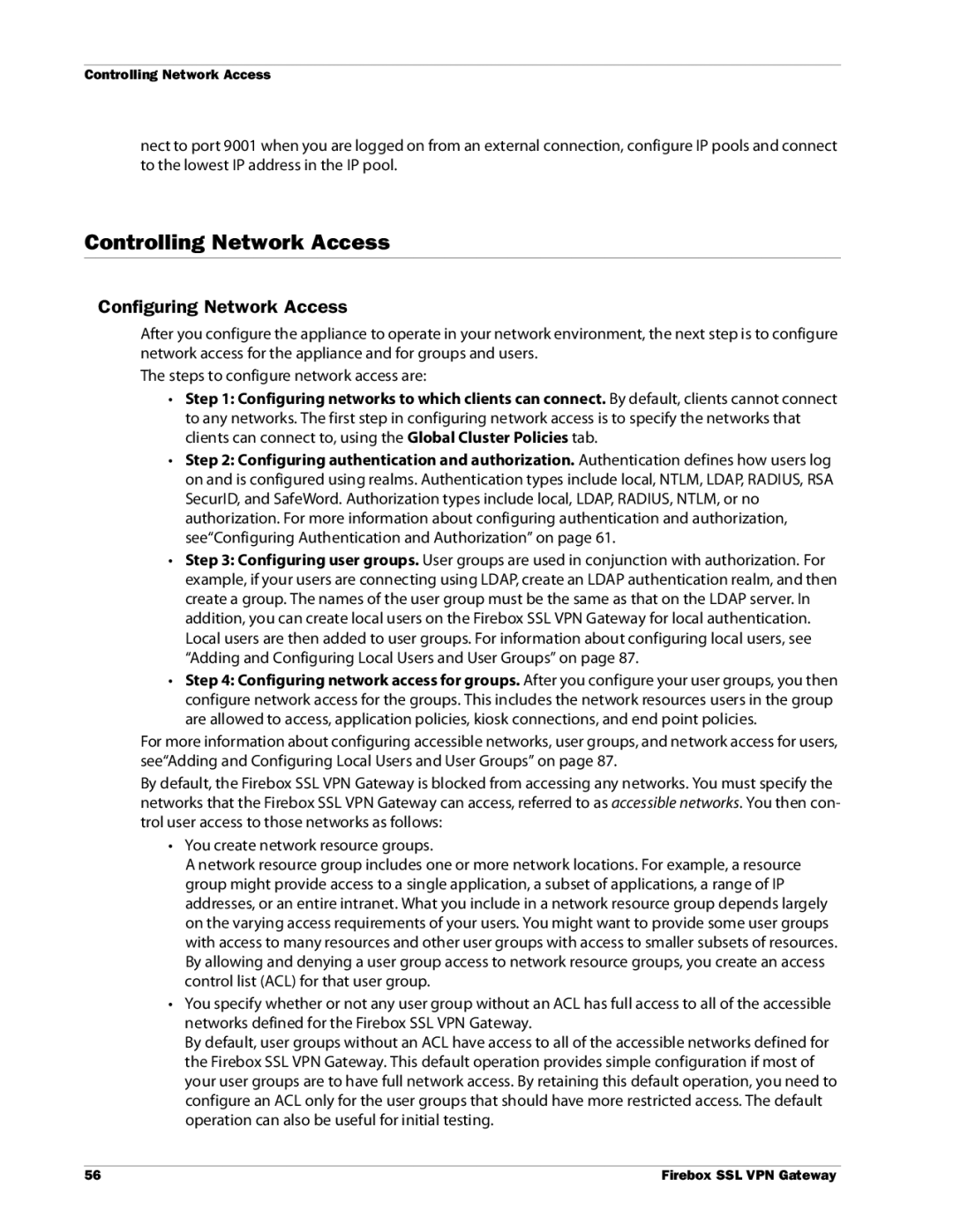 WatchGuard Technologies SSL VPN manual Controlling Network Access, Configuring Network Access 