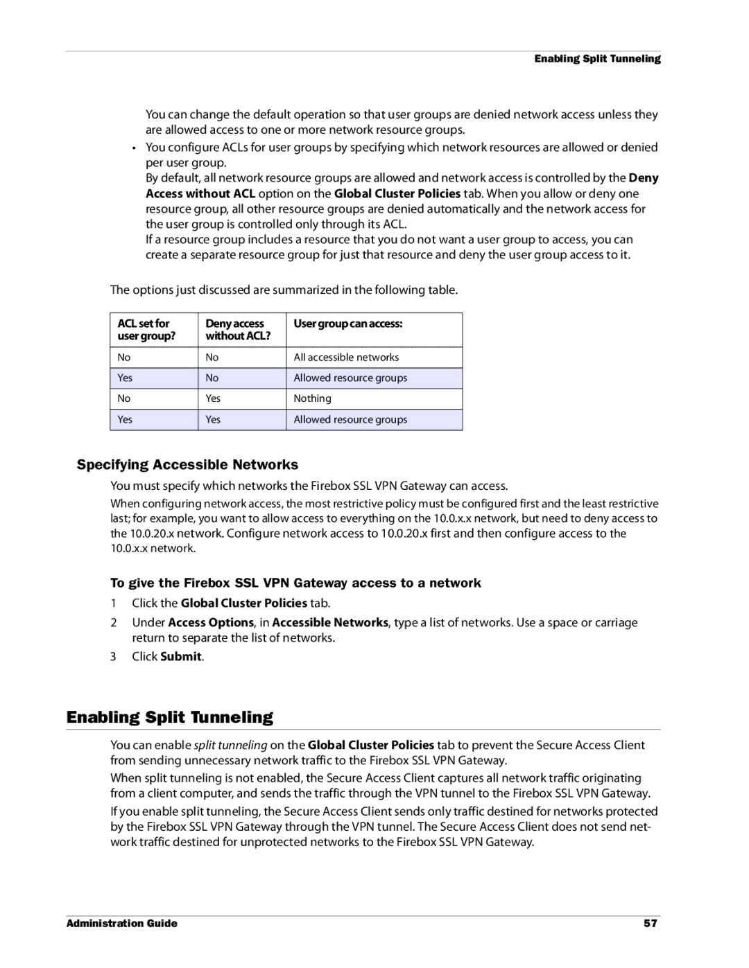 WatchGuard Technologies SSL VPN manual Enabling Split Tunneling, Specifying Accessible Networks 