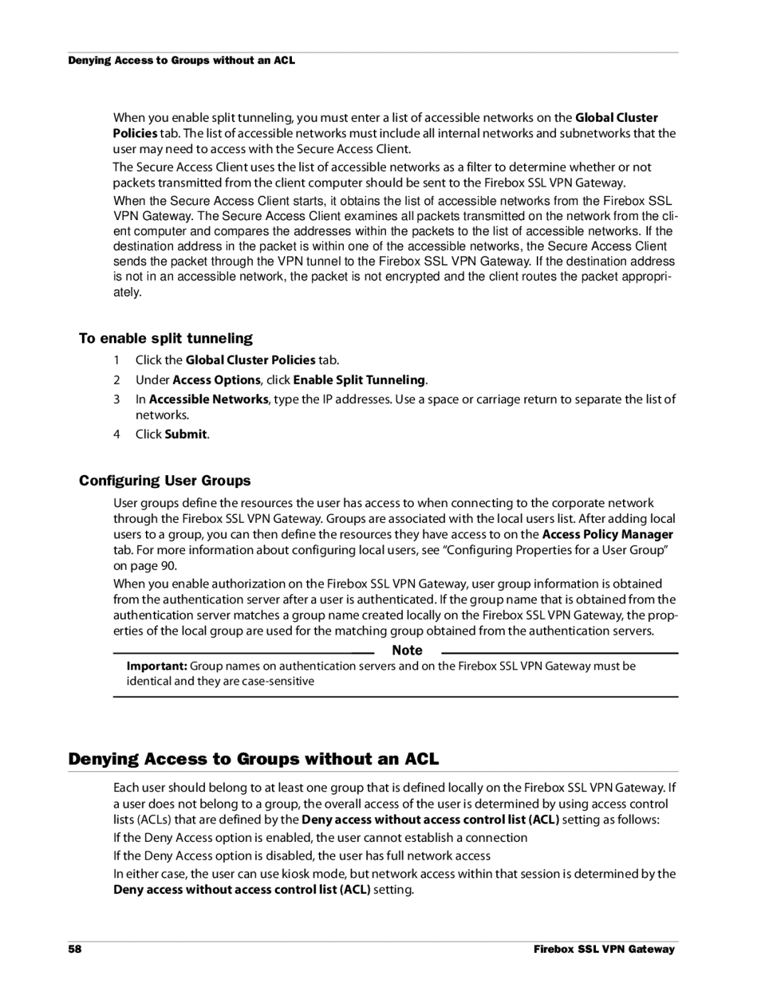 WatchGuard Technologies SSL VPN manual Denying Access to Groups without an ACL, To enable split tunneling 