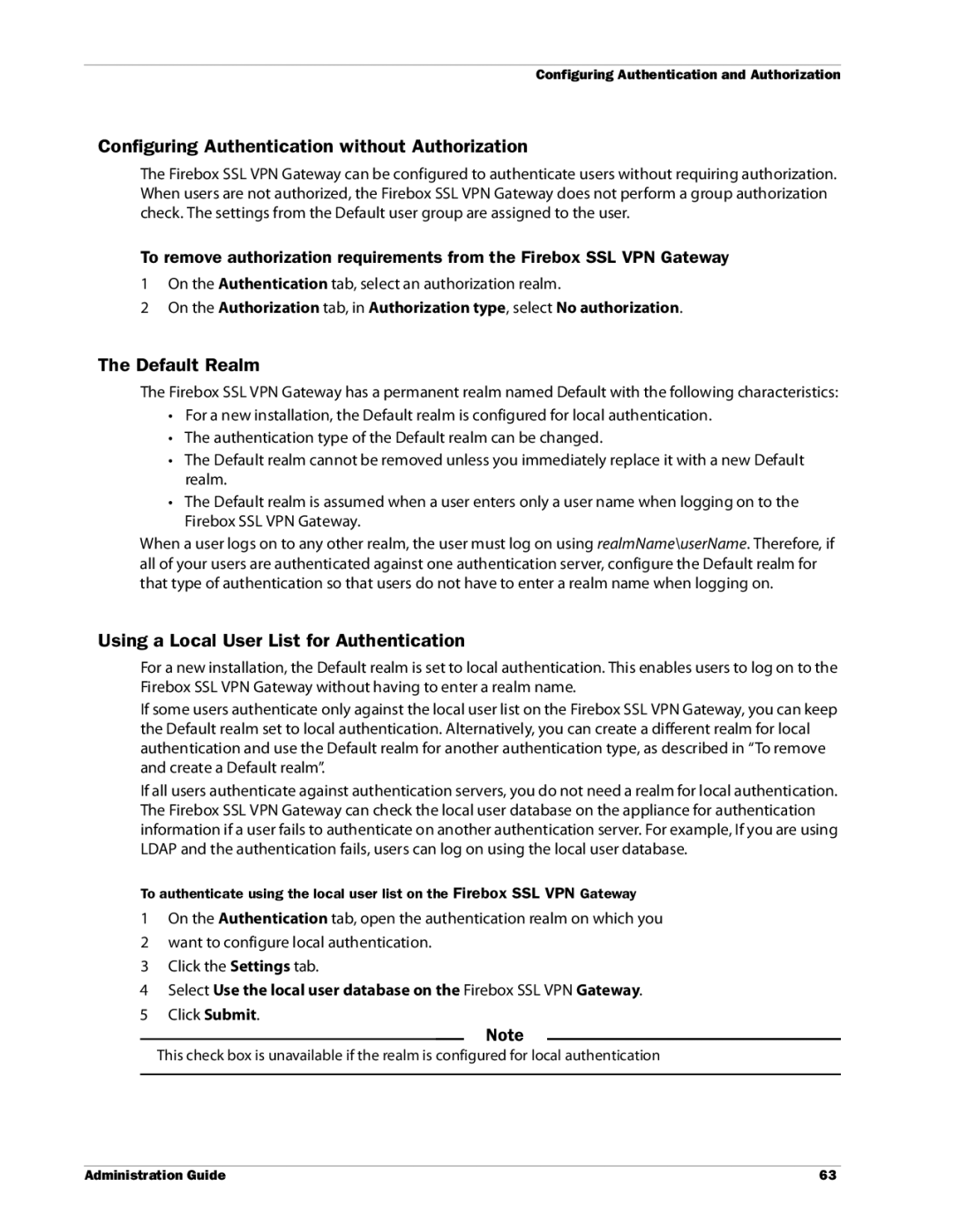 WatchGuard Technologies SSL VPN manual Configuring Authentication without Authorization, Default Realm 