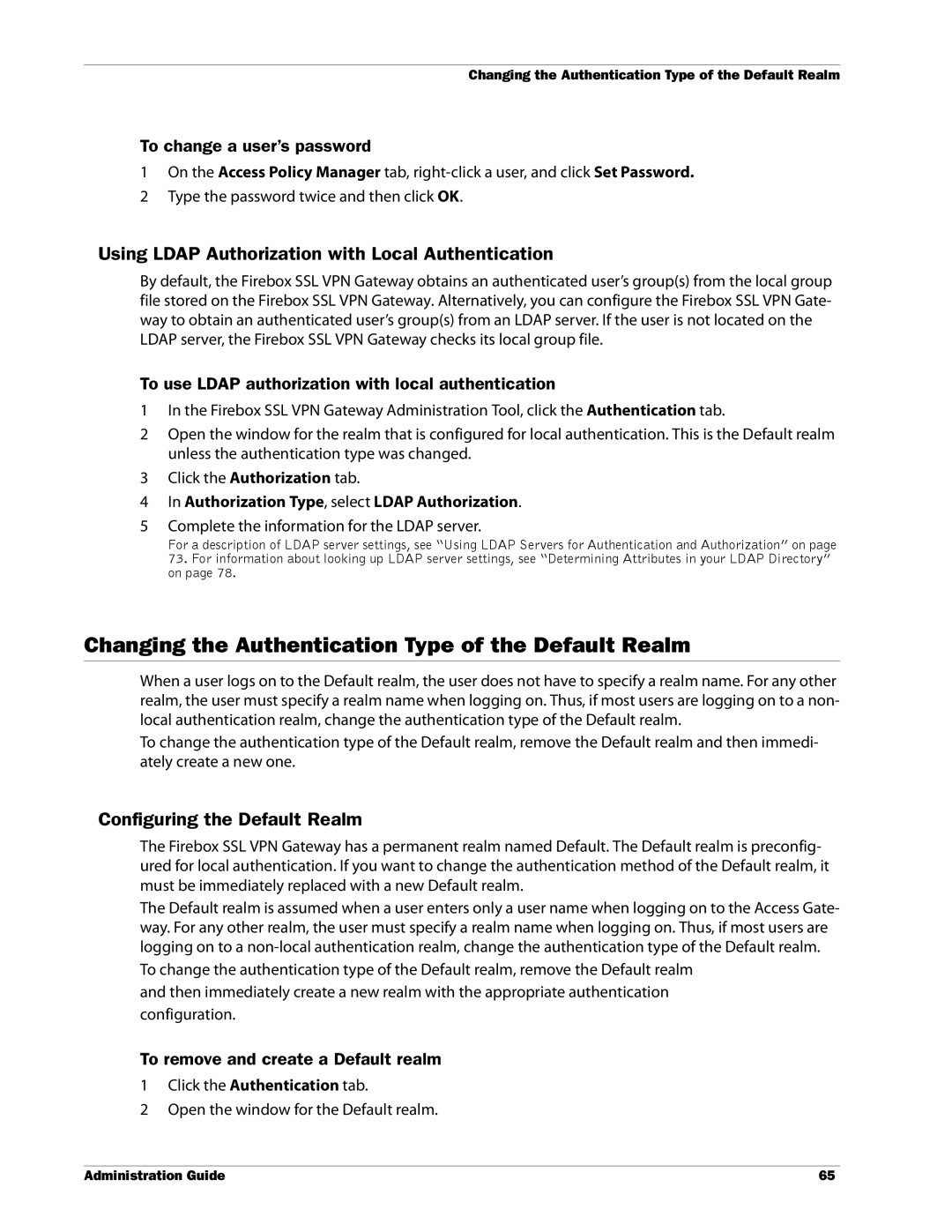 WatchGuard Technologies SSL VPN manual Changing the Authentication Type of the Default Realm, Configuring the Default Realm 